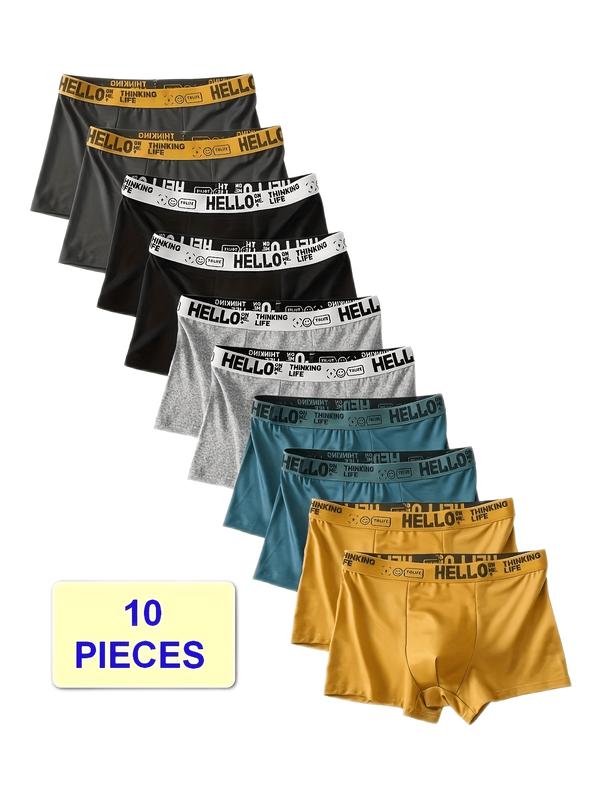 Comfortable 10-Pack HELLO Men'S Boxer Briefs - Breathable Polyester 95% Spandex 5% - Fashionable Casual Sports Shortie Underwear, Medium Stretch, Solid Color Knit Fabric 0
