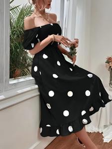 Women's Polka Dot Print Off Shoulder Dress, Fashion Casual Square Neck Flounce Sleeve Dress for Daily Outdoor Wear, Women Dress for Spring Fall