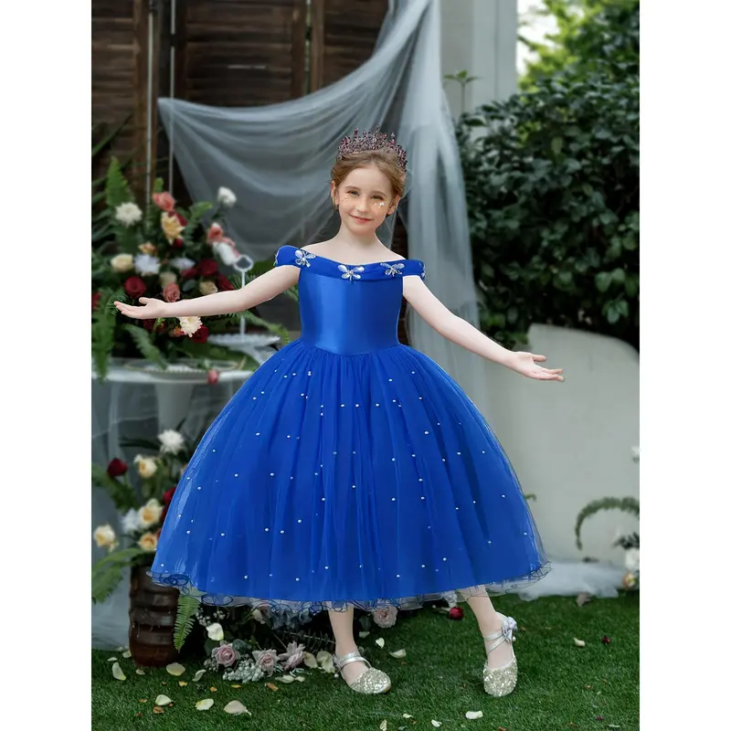 [Princess Dress | Off-Shoulder] Off-Shoulder One-Sleeve Girl's Princess Dress | Tulle with Artificial Diamonds and Pearls | for Festivals, Parties, Weddings, Flower Girl Dresses, Youngsters's Day Performances, Birthday Party Evening Gowns 7