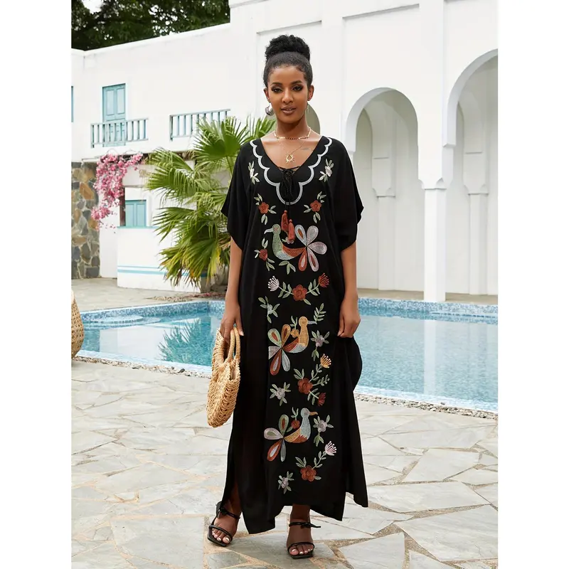 Ramadan Plus Size Boho Kaftan Dress, Women's Plus Golden Embroidered Bat Sleeve Notched Neck Maxi Cover Up Dress 2