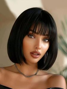 Short Black Wig with Bangs, Gorgeous Fluffy Wigs for Women, Wigs for Party, Daily Use