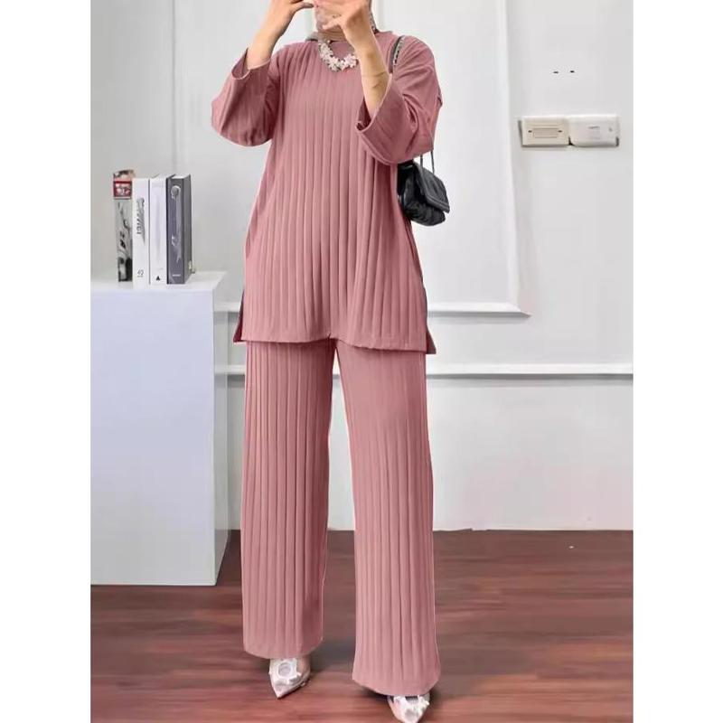 2023 Autumn and Winter New Women's Long Sleeve Top Wide Leg Pants Suit Solid Color Casual Sportswear 2 Piece Set 2