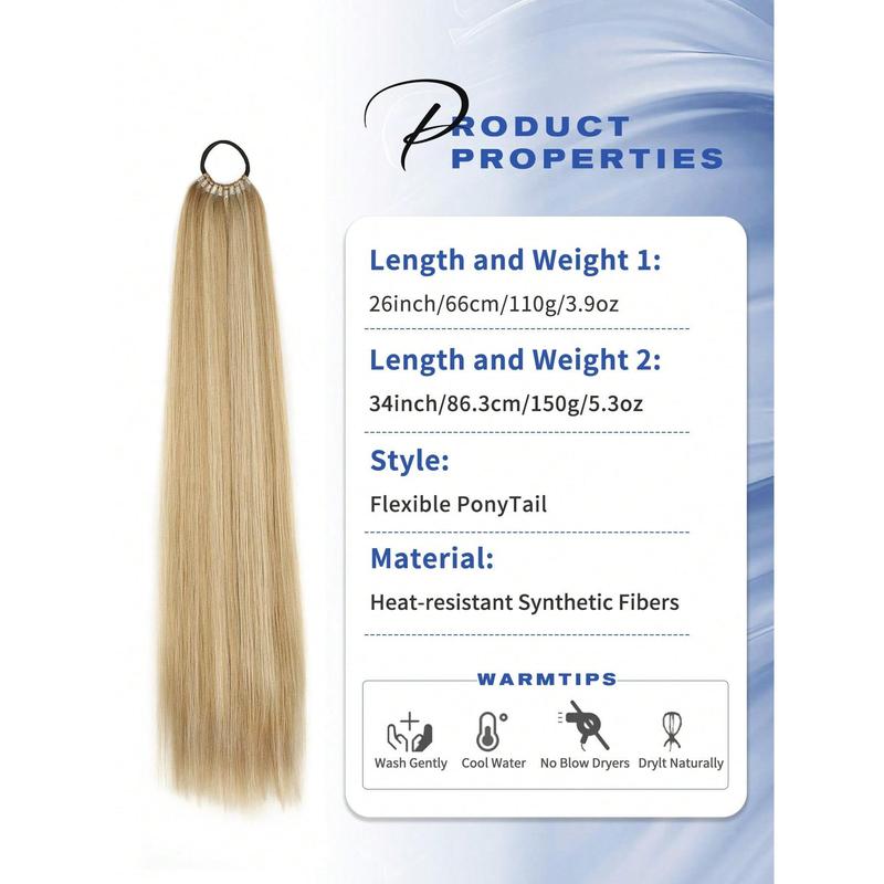 26 Inch/34 Inch Ponytail Extensions, Versatile Elastic Band Black Brown Gold Burgundy Ponytail Heat Resistant Extension For Women, Long Straight DIY Wrap Around Ponytail Soft Natural Synthetic Pony Tails For Christmas New Year Carnival Music Festival 2