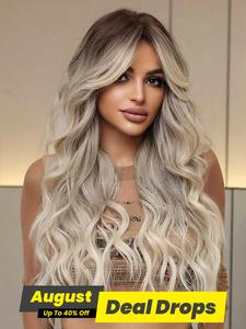 Fashionable All-match Ombre Long Wave Wig for Women, Gorgeous Fluffy Natural Looking Wigs with Blunt Bangs, Synthetic Shaggy Wig for Party, Daily Use, Fashion Body Wave Blonde Wig for Women