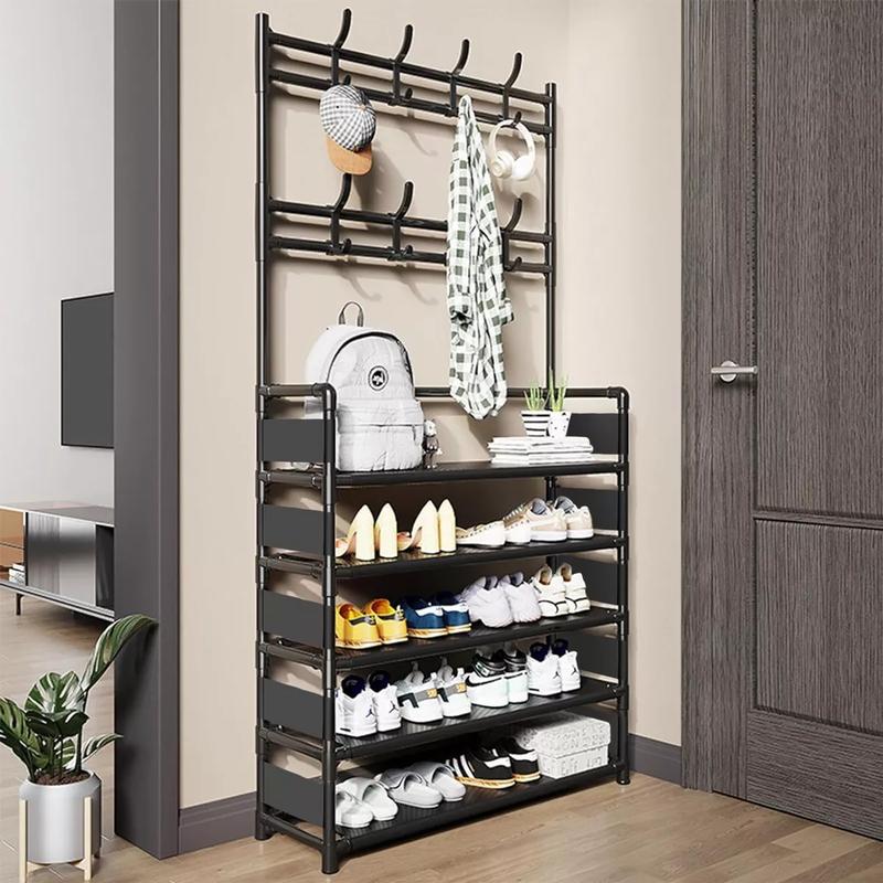 New Coat and Hat Stand 8 Hooks Metal Shoe Rack 5 Tiers Shelf Hanger Black 4