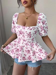 Women's Floral Print Blouse, Bohemian Fashion Casual Short Sleeve Top for Daily Holiday Vacation Wear, Ladies Clothes for Summer, Womenswear