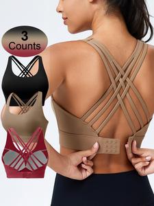 Women's Criss Cross Back Sports Bras, Solid Color Adjustable Hook & Eye Closure Push Up Bra, Gym Clothes, Workout Clothes, Soft Breathable, Exercise Activewear, Fitness Training Clothes, Yoga Sports Strappy Workout Bra, Sports Bra Set