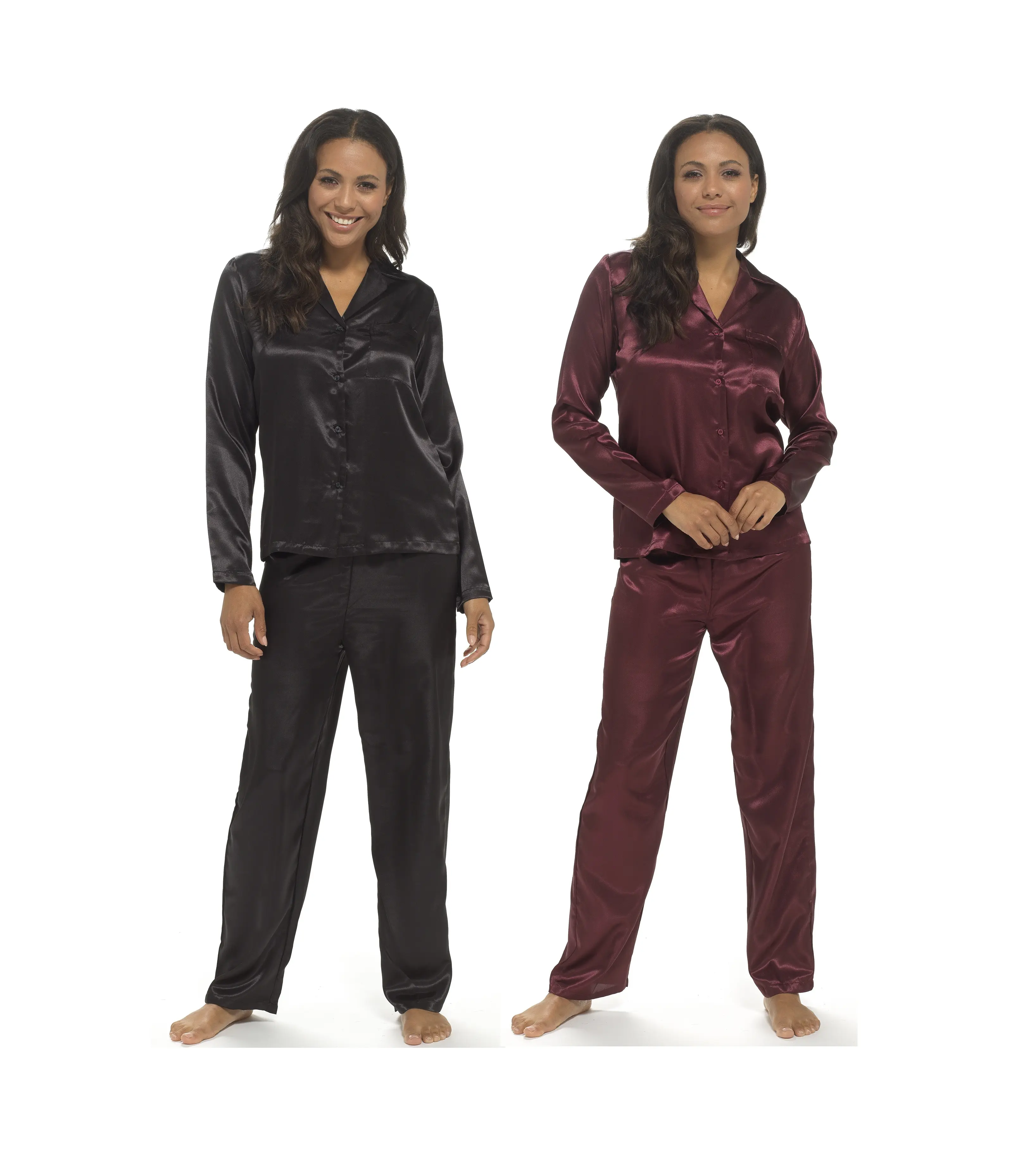 Ladies Satin Pyjamas Silky Traditional Button Up PJ Sets Sleep Lounge Night Wear