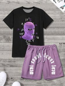 Stylish 2 piece suit - top printed with a purple hood pattern + purple shorts printed with letters - with pocket drawstring, comfortable, lightweight, breathable fabric for summer wear