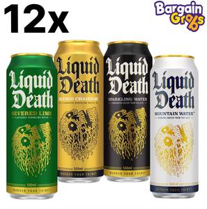 12 x Liquid Death 500ml Cans, Various Flavours – Still, Sparkling, Mango, Lime – Premium Hydration with a Bold Edge Beverage