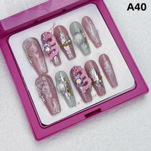 Luxury Baroque Ins Style Long Handmade Armor, Dark Purple Armor Nail Stickers.floral design.gel summer.nail square fake nail press  nails miffy  nails short  press  nails