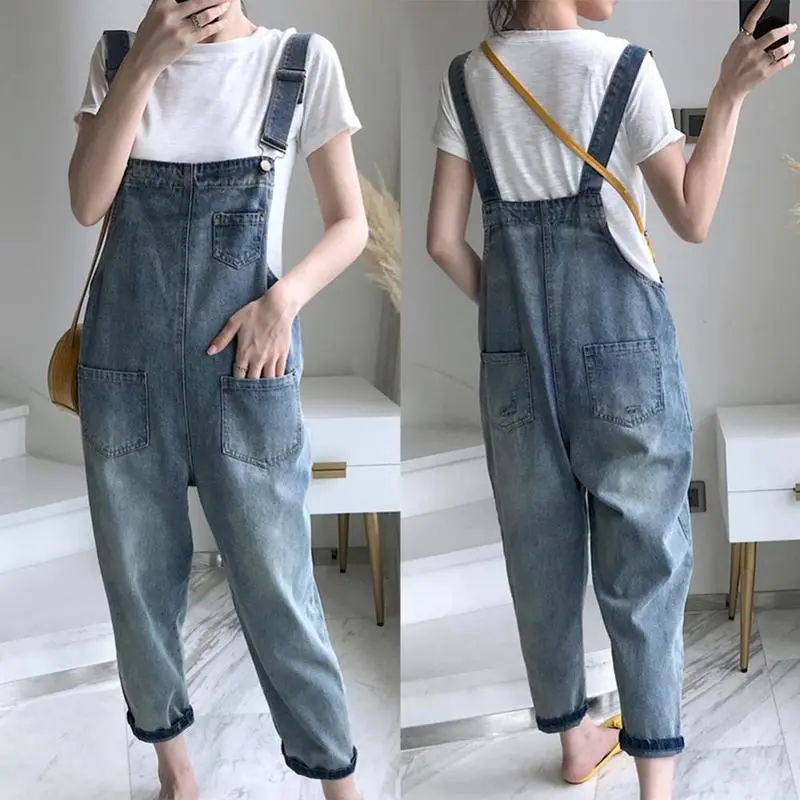 Pants Pockets Loose Trousers Denim Casual Women Jumpsuits Summer Overalls Linen Suspender Overall Dungarees Ninth