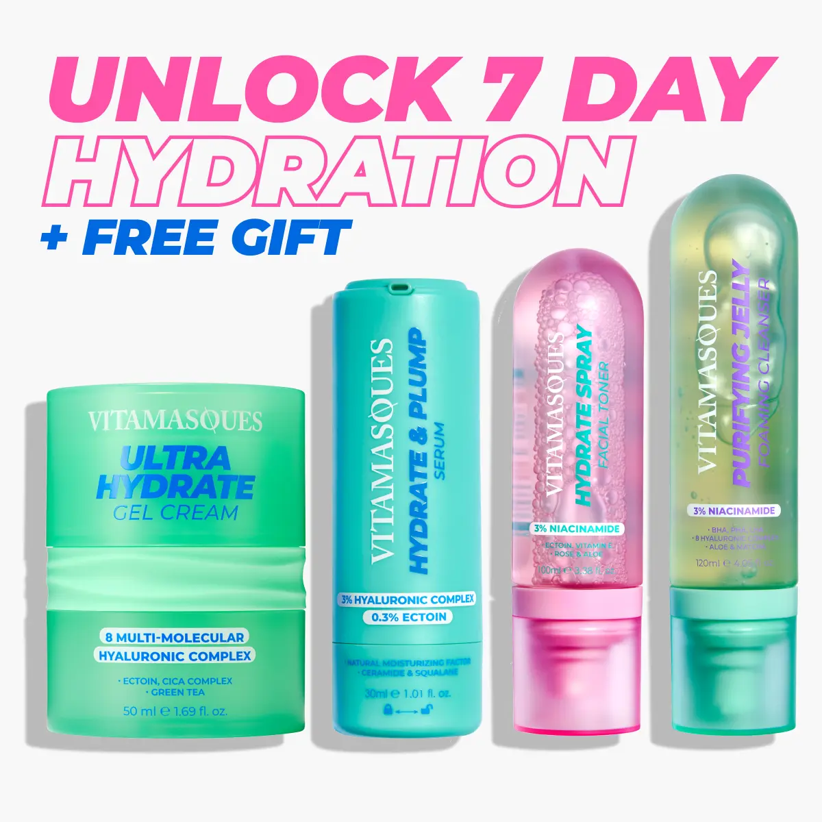 Vitamasques Hydration Skincare Set | 4-Piece Bundle for Dry & Sensitive Skin | 7-Day Deep Hydration Solution | Made in Korea, Dermatologist Tested, Vegan & Cruelty-Free for Hydrate + Moisture Facial with Foaming Gel Cleanser & Serum | Korean Skincare Set