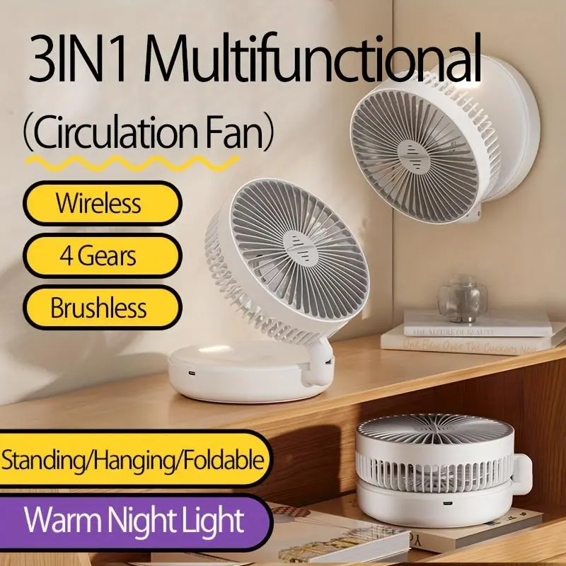 1pc 3-in-1 Rechargeable Circulation Fan - Versatile & Compact, Foldable Desktop/Wall Mount Fan with 4 Adjustable Speeds, Quiet Brushless Motor, Warm Night Light Feature, Includes Traceless Hook - Ideal for Office, Home, Outdoor Use, Portable Fan 1