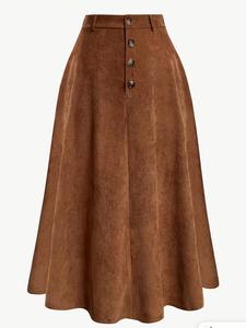 【Plus Size】 Solid Button Front Corduroy Skirt, Casual Elastic Waist Midi Skirt for Daily Wear, Women's Bottoms for All Seasons