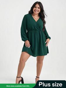【Plus Size】 Plain Swiss Dot Wrap V Neck Bishop Sleeve A Line Dress, Plus Elegant Long Sleeve Short Dress for Spring & Fall, Women's Clothes for Daily Wear, Holiday Dresses