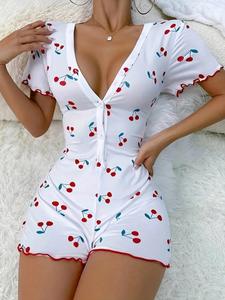 Women's Cherry Print Buttons Deep V Neck Lettuce Trim Romper, Fashion Casual Short Sleeve Skinny Romper for Summer, Ladies Clothes for Daily Wear, Womenswear