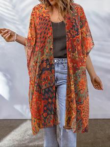 【Plus Size】 Ethnic Floral Print Semi-Sheer Split Cover Up, Boho Casual Batwing Sleeve Open Front Outerwear for Spring & Fall, Women's Clothes for Vacation Holiday