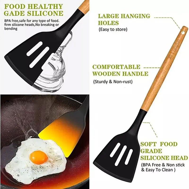 Kitchen Cooking Utensil Set, 12 Pcs Silicone Kitchen Cooking Utensil Set with Utensil Holder, Heat Resistant Non Stick Cooking Tool, Summer for Gift, Wooden, Handles 5
