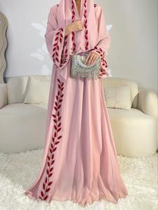 Arabic Clothing-leaf Embroidered Bell Sleeve Chiffon Maxi Arabian Dress with Hijab, Elegant Long Kaftan Dresses Loose Abayas, Modesty Thobe, Muslim Dress Islamic Clothes, Modest Clothes, Dresses for Party, Summer Clothes, Clothes for Women