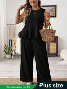 【plus Size】 Two-piece Set Solid Color Tank Top & Pants Set, Casual Sleeveless Top & Trousers, Women's Two-piece Outfits for Summer, Womenswear, Matching Lounge Sets, Casual Fashion Set, Black Summer Clothes Set