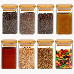 Clear Glass Food Storage Jar with Wooden Lid, 1/2/4/8 Counts Food Spice Coffee Bean Storage Container, Kitchen Storage & Organization Container for Home Dormitory Office Kitchen