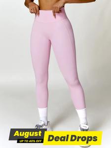 Women's Solid High Waist Sports Leggings, Quick-drying Tight-fitting Yoga Leggings, Summer Outfits 2024, High Stretch Seamless Pink Yoga Pants, Workout Clothes Women, Women Sport & Outdoor Clothing, Tummy Control Valentine's Day, Gift