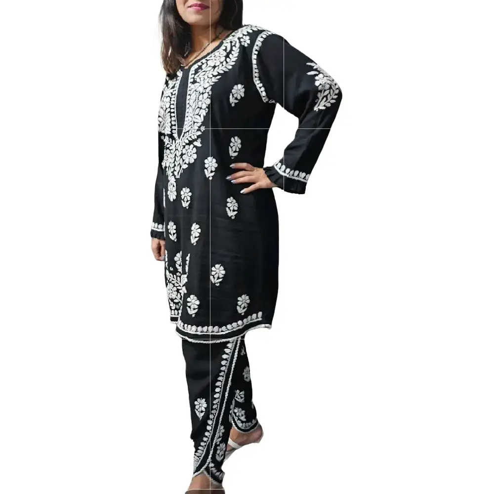 very popular lucknowi suit with tulip tourser ,medium size chest size 21