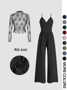 Women's Solid Color Lace Tee & Pocket Jumpsuit Two-piece Set, Elegant Casual Zipper Back Cami Jumpsuit & Long Sleeve Top for Daily Outdoor Wear, Women's Clothing for Spring & Fall