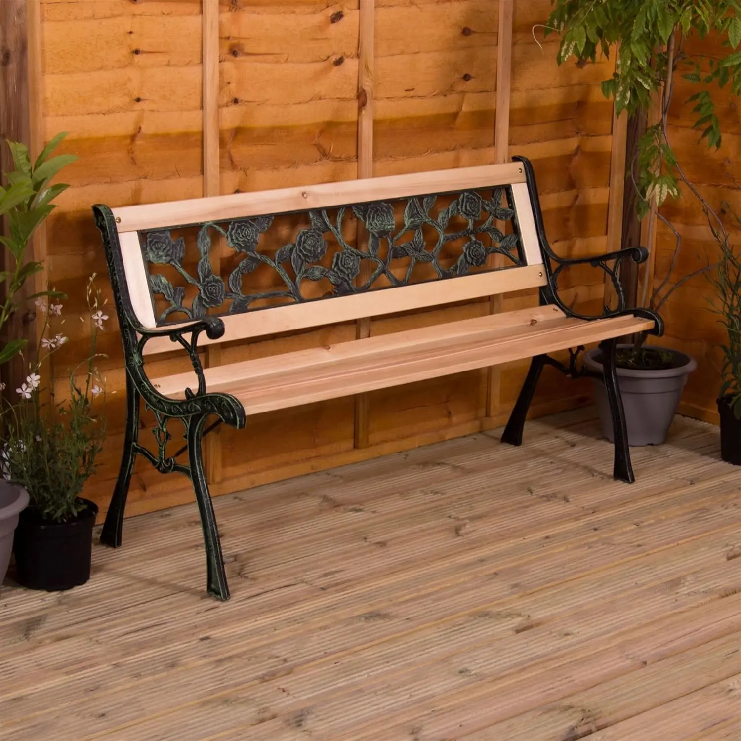 Garden Bench, Rose Style Design 3 Seater Outdoor Furniture Seating Wooden Slats Cast Iron Legs Park Patio Seat