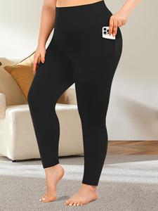 Plus Size Solid Pocket High Waist Leggings, Casual Comfy High Stretch Skinny Pants for Women, Women's Bottoms for All Seasons
