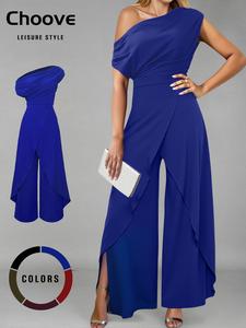 Women's Plain Asymmetrical Neck Jumpsuit, Elegant Fashion Casual Jumpsuit for Daily Outdoor Wear, Women Jumpsuits for All Seasons