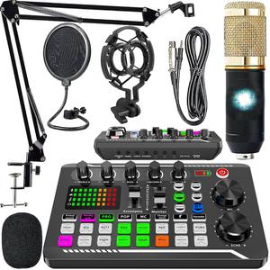 Podcast Microphone Bundle, Condenser Mic with Live Sound Card Kit, Podcast Equipment Bundle with Voice Changer and Mixer Functions for PC Smartphone Studio Recording, Audio Interface