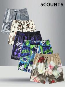 Men's Floral & Figure & Letter & Geometric Print Drawstring Waist Shorts, Regular Fit Casual Comfy Beach Shorts, Men's Summer Bottoms for Vacation Holiday