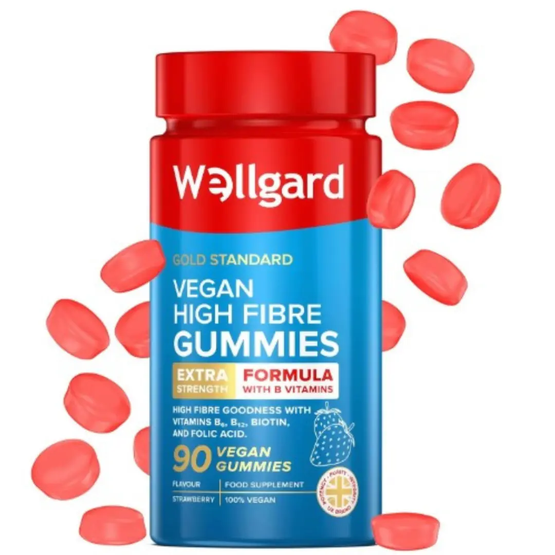 Vegan High Fibre Gummies Wellgard – High Strength Fibre Gummy Vitamins B₆, B₁₂, Biotin, and Folic Acid, Strawberry Flavour, UK Formulated