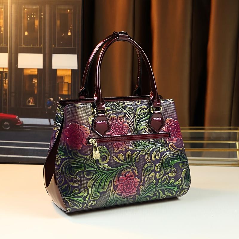 Vintage Floral Embossed Women's Handbag - Elegant Purple & Green Crossbody Bag with Detachable Strap, Perfect for Commuting or Gifting, Novelty Purse 1