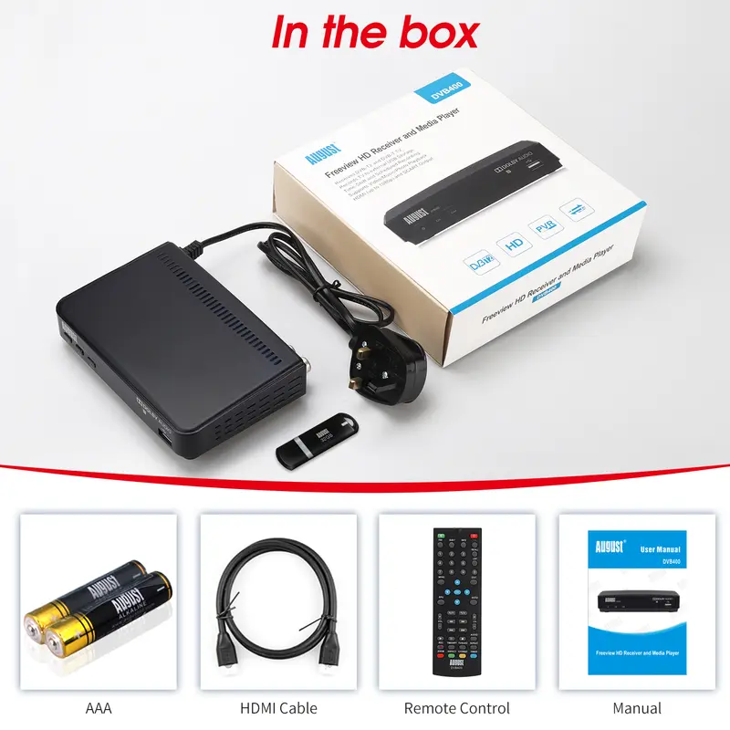 Freeview Receiver Compact Set-Top Box HD TV Recorder HDMI Cable Connection with 32GB USB PVR Included-August DVB400 6