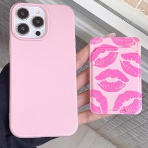 Solid Color Phone Case, 1 Count Decorative Phone Protector Cover with 1 Count Lips Pattern Card Holder, Phone Accessories for iPhone 11 12 13 14 15 16 Pro Max
