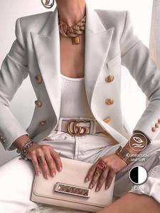 Women's Solid Color Button Decor Blazer, Elegant Long Sleeve Outerwear for Work Office Business, Ladies Clothes for All Seasons