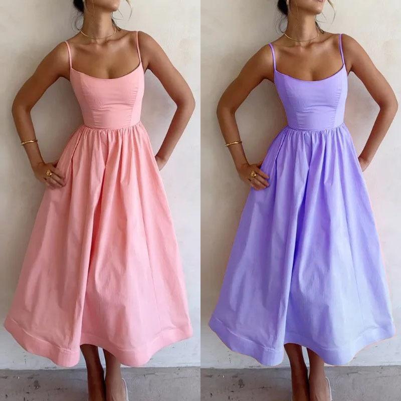 New Women's Clothing Temperament Commute Sexy Low-Cut Slim Fit Waist Trimming Spaghetti Straps Big Swing Dress Women Formal Womenswear 5