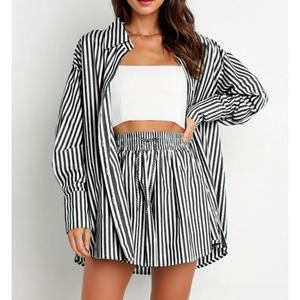 Women's Striped Print  Set Casual Long Sleeve Shirt and Drawstring Wide-Leg Shorts Summer Casual Outfit Women's Summer Matching Set Women's Clothing Women's Set Women's Long Sleeve Casual Clothing Womenswear piece  2  pcs travel  fit two  piece  outfit