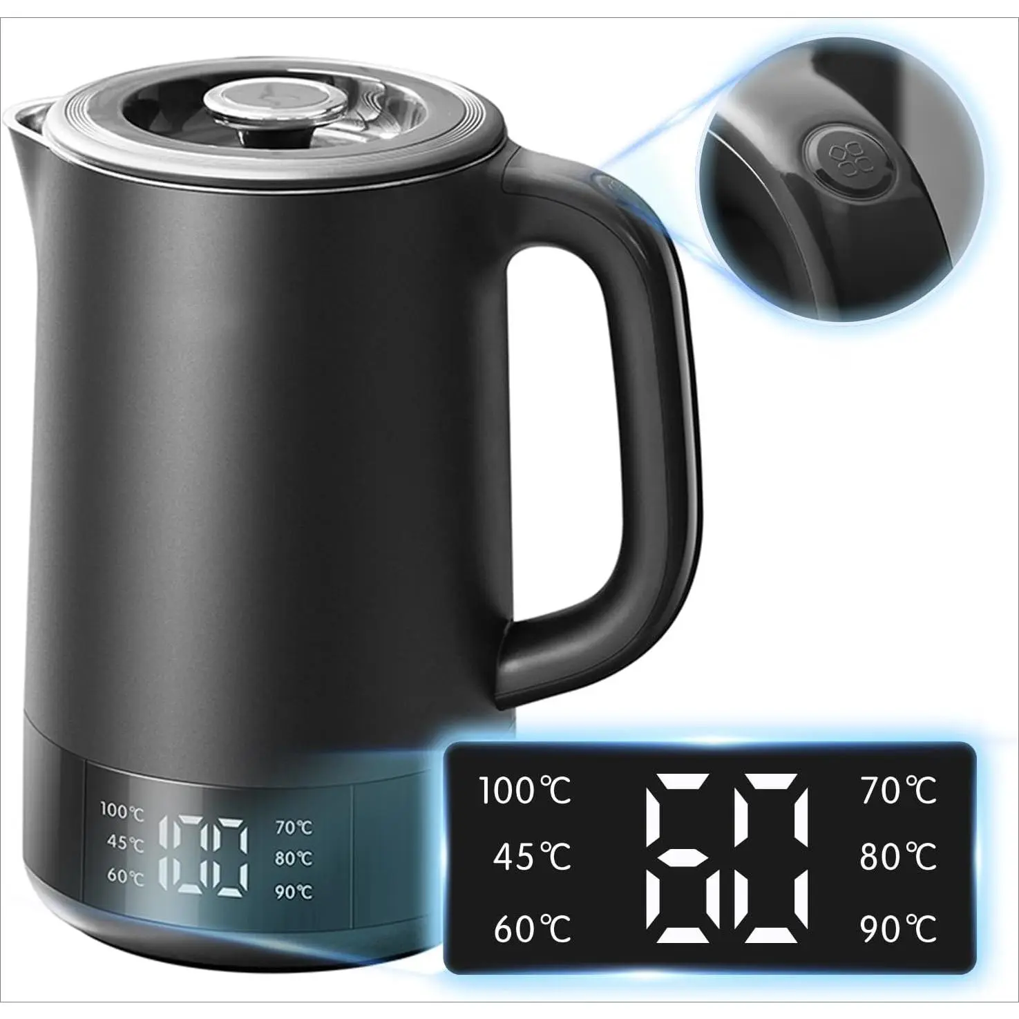 1.7L Electric Kettle with 6 Temperature Settings, 1800-2200W, Auto shut-off, Microprocessor Touch Panel, BPA Free, Dry Boil Protection, Fast Boiling Black Electric Kettle