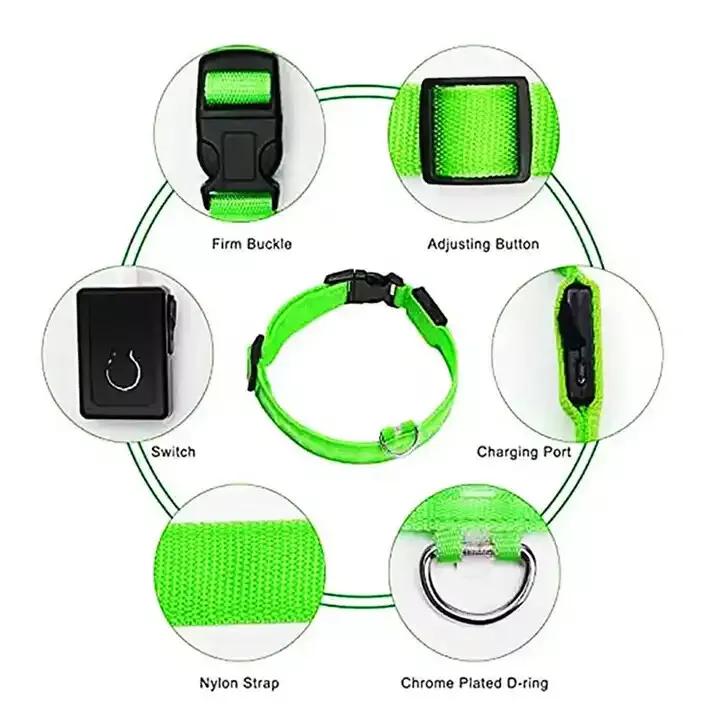 USB Rechargeable LED Dog Collar – Light-Up Safety Night Collar for Pets, Flashing Modes, Green (Medium) 3