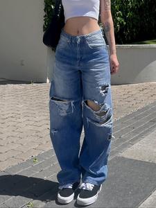 Women's Plain Ripped Denim Jeans, Fashion Casual Loose Comfy Wide Leg Trousers for Daily Outdoor Wear, Women Bottoms for Spring & Fall, Womenswear, Streetwear