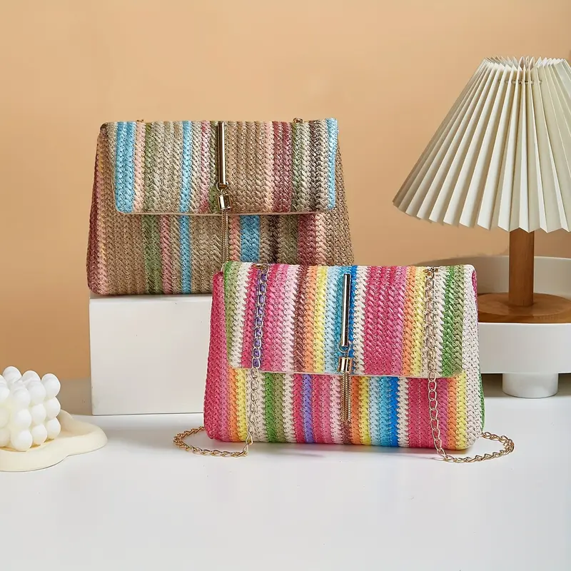 Chic and Elegant Rainbow Stripe Straw Crossbody Bag for Women - Adjustable Shoulder Strap, Magnetic Closure, Tassel Accent, Fashionable Square Purse 4
