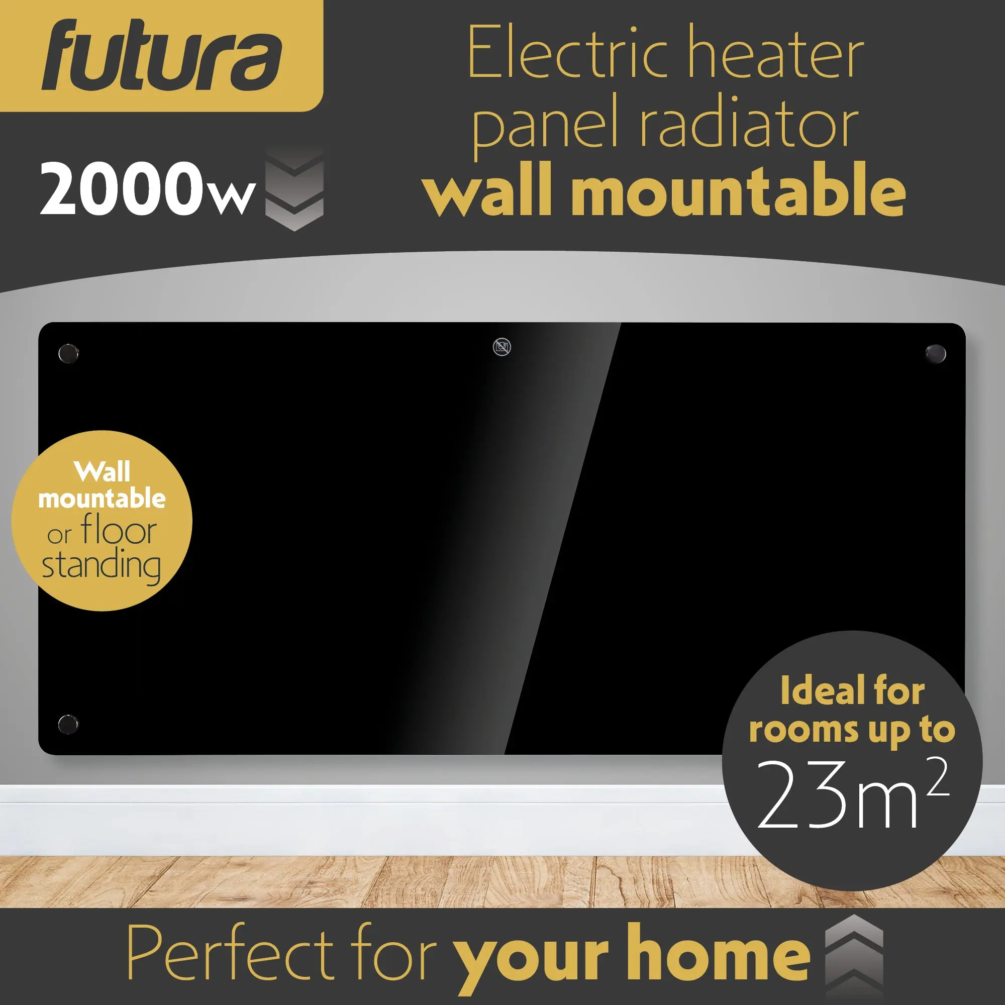 Futura 2000W Black Glass Electric Panel Heater WiFi Wall Mounted