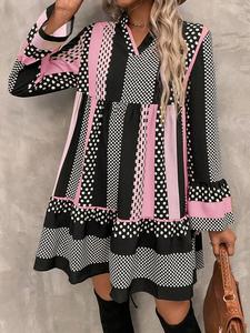 Women's Colorblock Print Curved Hem Dress, Casual Long Sleeve Collared Short Dress for Daily Wear, Ladies Clothes for All Seasons