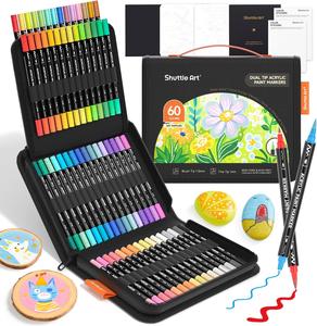 Shuttle Art 60 Colours Dual Tip Acrylic Paint Markers, Brush Tip and Fine Tip Acrylic Paint Pens for Rock Painting, Ceramic, Wood, Canvas, Plastic, Glass, Stone, Calligraphy, Card Making, DIY Crafts