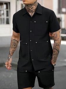 Men's Solid Pocket Shirt & Shorts Set, Regular Fit Casual Short Sleeve Collared Top & Straight Leg Shorts, Men's Summer Clothes for Daily Wear