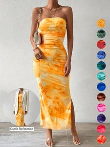 Women's All Over Print Ruched Backless Split Thigh Bodycon Tube Dress, Sundress Maxi Dress, Elegant Sleeveless Long Dress for Summer, Ladies Clothes for Beach Holiday